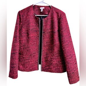 Chico’s Red Tweed Open Front Blazer Jacket Size 2 (M/L) Bouclé Knit